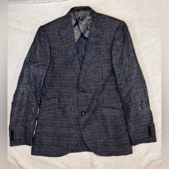 Egara Blue 100% Linen Plaid Windowpane Sport Coat Blazer 42 Long Slim Mens - Picture 1 of 14